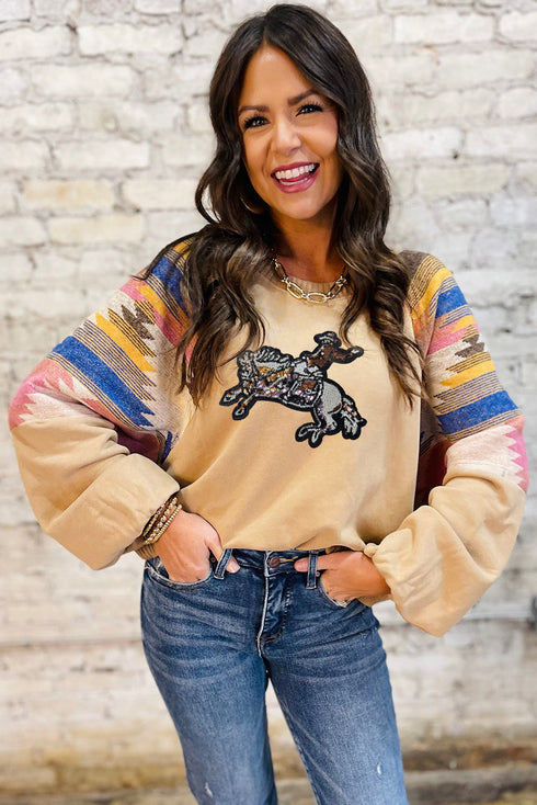Western Sequin Bronco Graphic Print Sleeve Sweatshirt