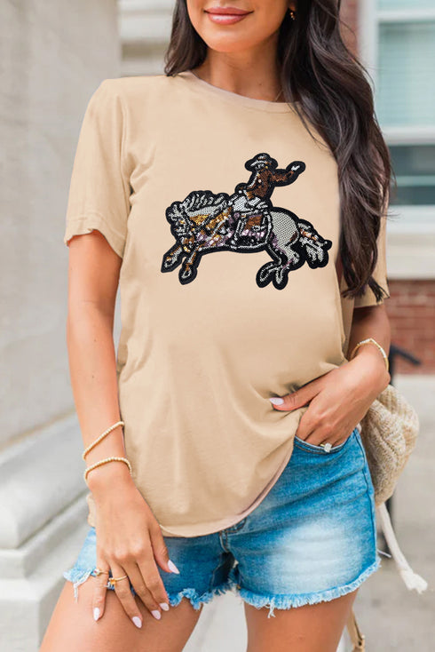 Western Sequin Embellished Short Sleeve Crew Neck Graphic Tee