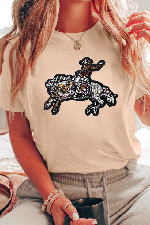 Western Sequin Embellished Short Sleeve Crew Neck Graphic Tee