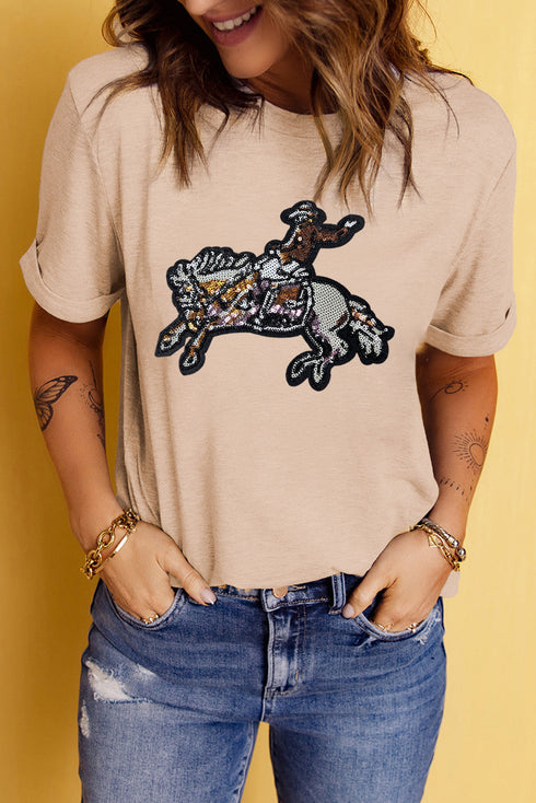 Western Sequin Embellished Short Sleeve Crew Neck Graphic Tee
