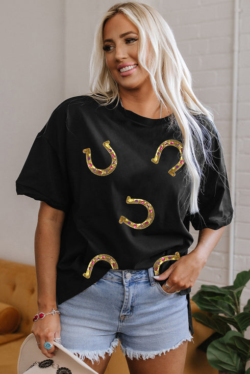 Western Sequin Horseshoe Graphic High Low Hem Tee