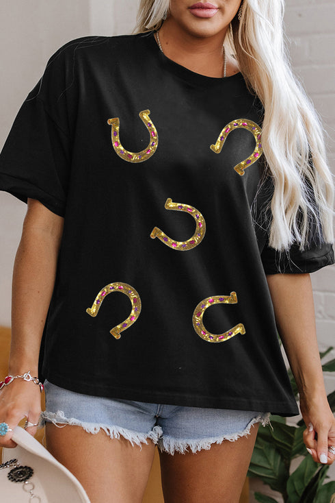 Western Sequin Horseshoe Graphic High Low Hem Tee