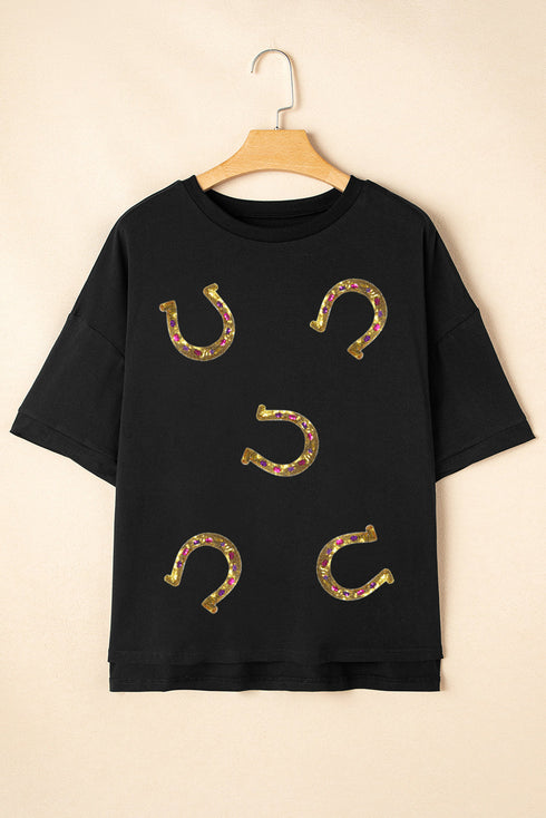 Western Sequin Horseshoe Graphic High Low Hem Tee