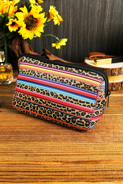 Western Serape Leopard Print Patchwork Zipper Makeup Bag