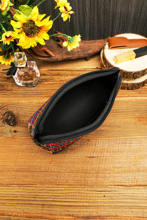 Western Serape Leopard Print Patchwork Zipper Makeup Bag
