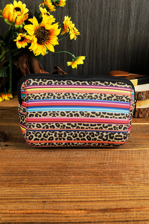 Western Serape Leopard Print Patchwork Zipper Makeup Bag