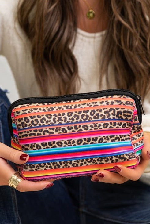 Western Serape Leopard Print Patchwork Zipper Makeup Bag