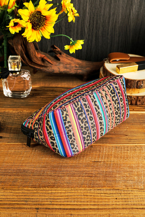 Western Serape Leopard Print Patchwork Zipper Makeup Bag