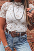 Western Sheer Floral Mesh Mock Neck Short Sleeve Top