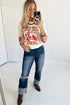 Western Slogan Print Crew Neck Cuffed Sleeve Graphic Tee