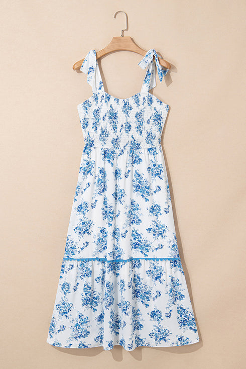 Western Smocked Knot Shoulder Sleeveless Long Floral Dress