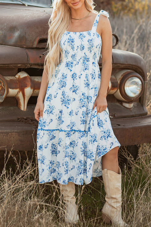 Western Smocked Knot Shoulder Sleeveless Long Floral Dress