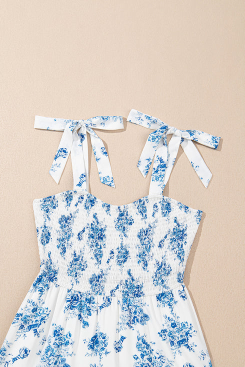 Western Smocked Knot Shoulder Sleeveless Long Floral Dress