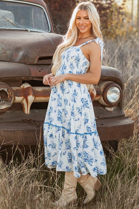 Western Smocked Knot Shoulder Sleeveless Long Floral Dress