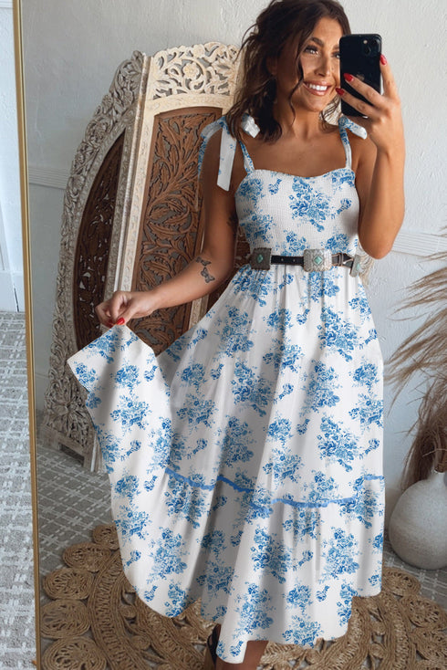 Western Smocked Knot Shoulder Sleeveless Long Floral Dress