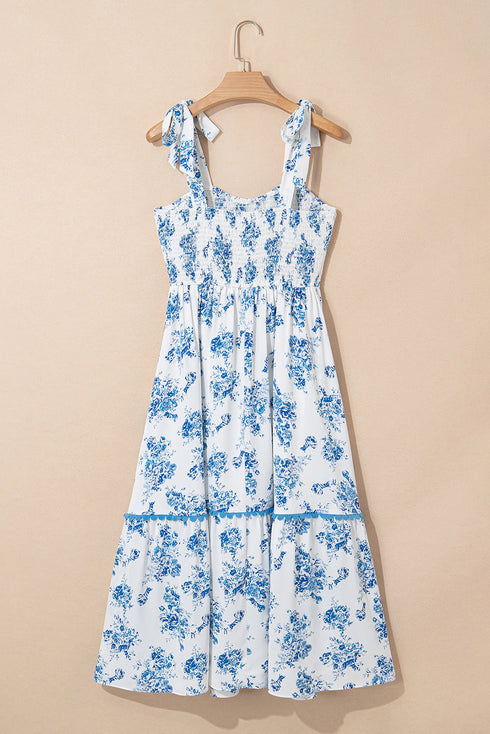Western Smocked Knot Shoulder Sleeveless Long Floral Dress
