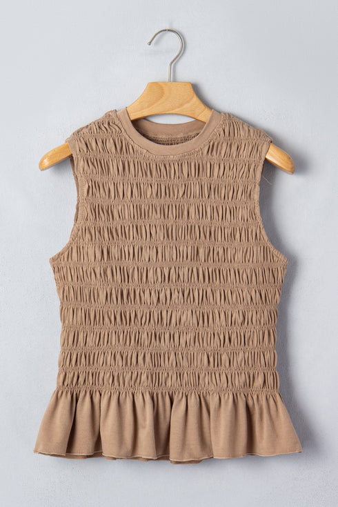 Western Solid Smocked Ruffle Hem Slim Fit Tank Top