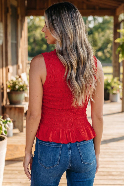 Western Solid Smocked Ruffle Hem Slim Fit Tank Top
