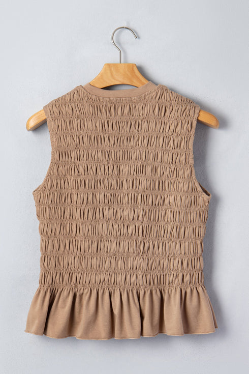 Western Solid Smocked Ruffle Hem Slim Fit Tank Top