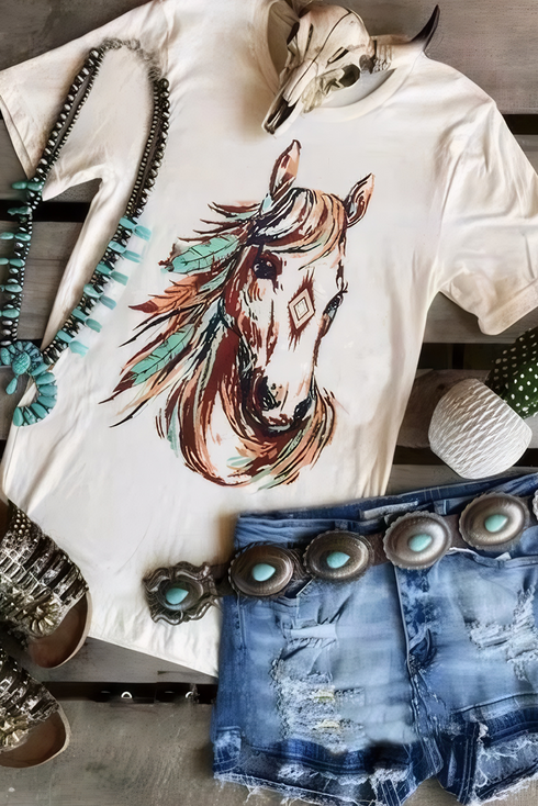 Western Spirit Horse And Geometric Graphic Crewneck Tee