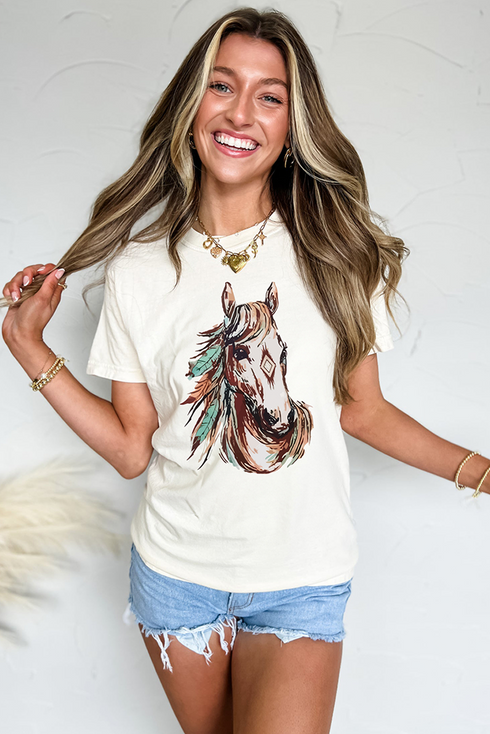 Western Spirit Horse And Geometric Graphic Crewneck Tee