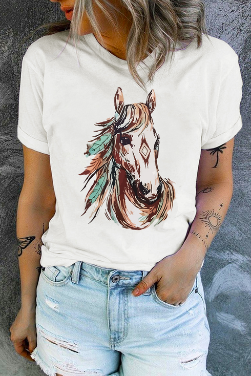 Western Spirit Horse And Geometric Graphic Crewneck Tee