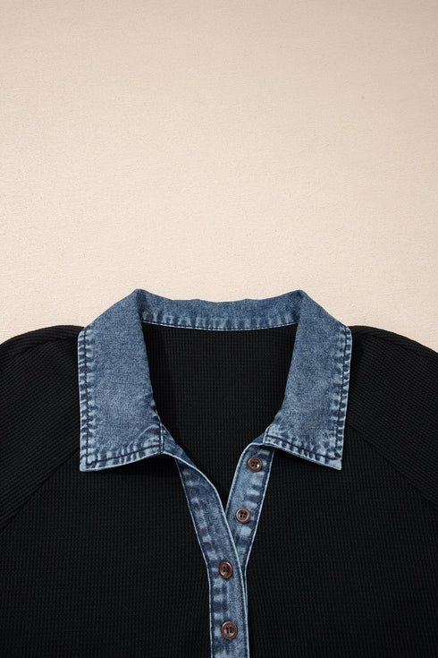 Western Spliced Denim Patchwork Button Polo Tee