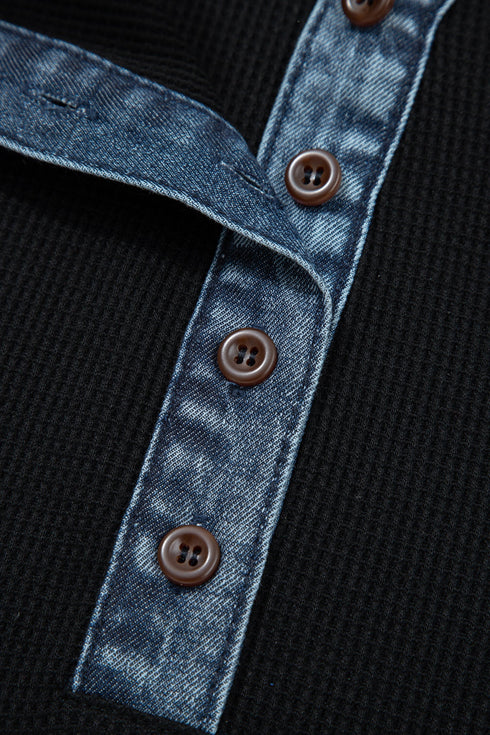 Western Spliced Denim Patchwork Button Polo Tee