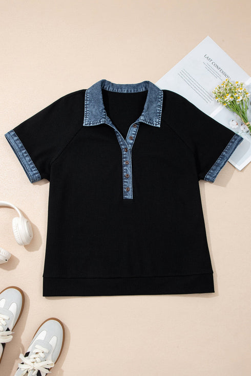 Western Spliced Denim Patchwork Button Polo Tee