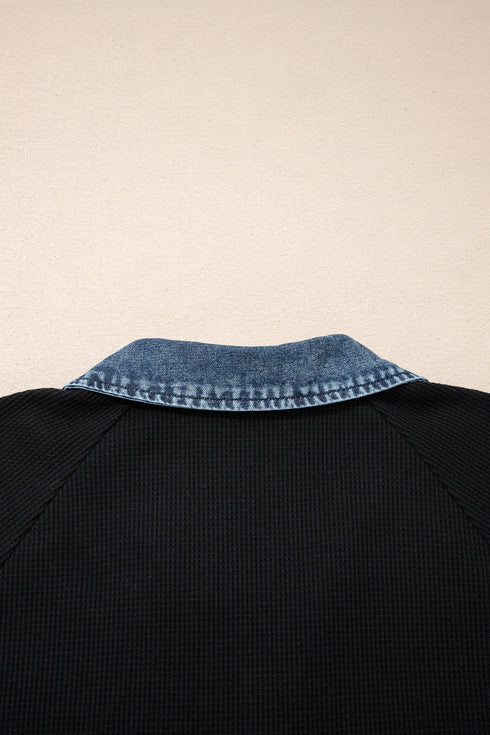 Western Spliced Denim Patchwork Button Polo Tee