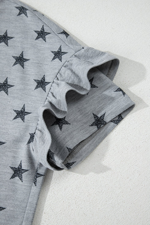 Western Star Pattern Tiered Ruffle Sleeve Crew Neck Shirt