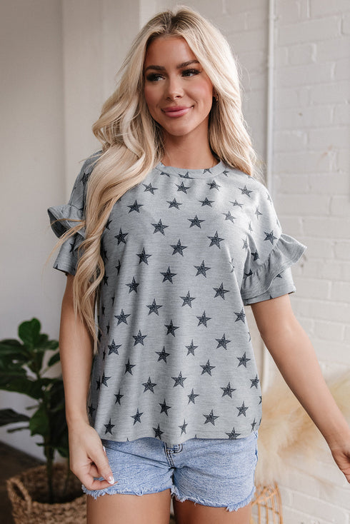 Western Star Pattern Tiered Ruffle Sleeve Crew Neck Shirt