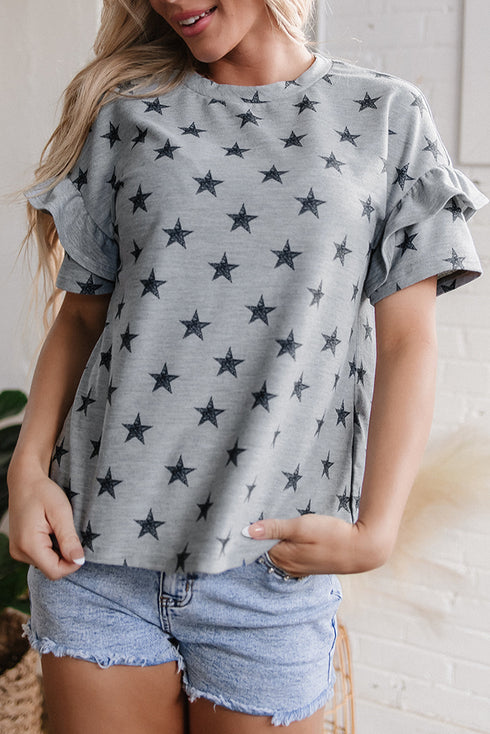 Western Star Pattern Tiered Ruffle Sleeve Crew Neck Shirt