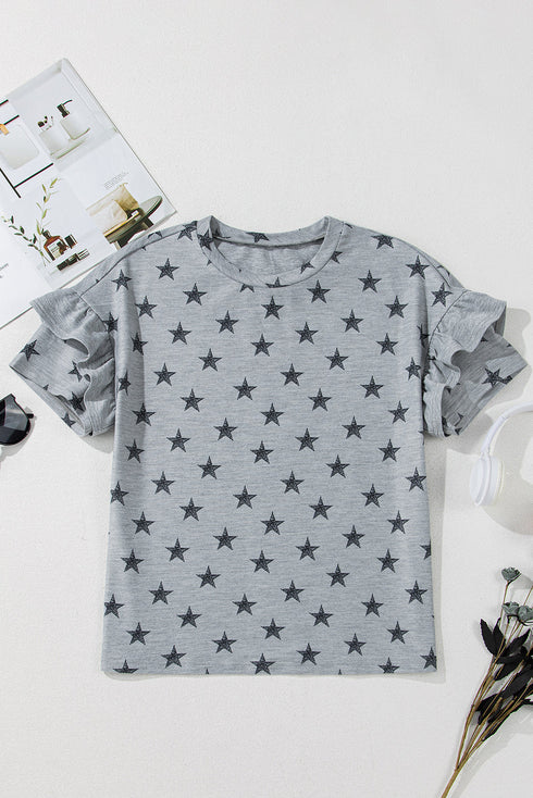 Western Star Pattern Tiered Ruffle Sleeve Crew Neck Shirt