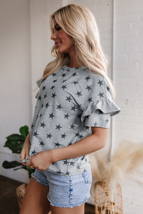 Western Star Pattern Tiered Ruffle Sleeve Crew Neck Shirt
