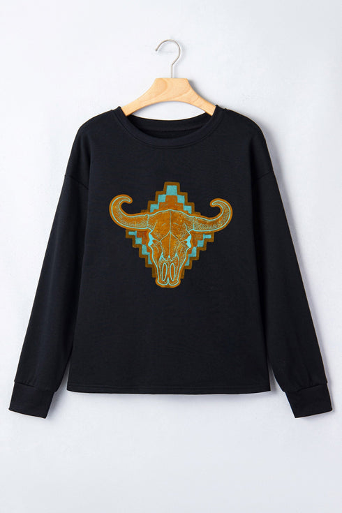 Western Steer Head Print Long Sleeve Round Neck Shift Sweatshirt