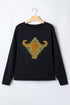 Western Steer Head Print Long Sleeve Round Neck Shift Sweatshirt