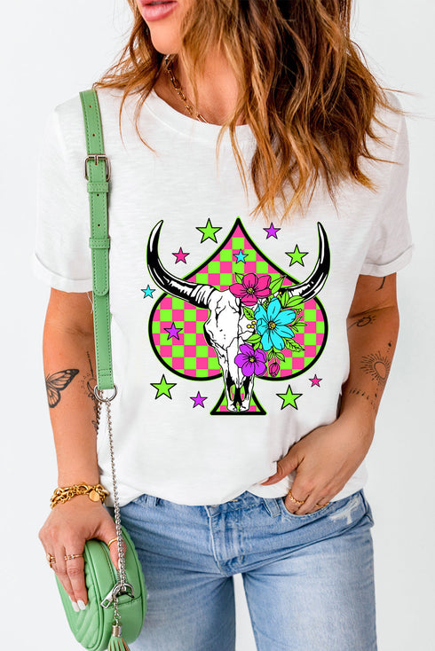 Western Steer Head Spade Print Crew Neck Graphic Tee