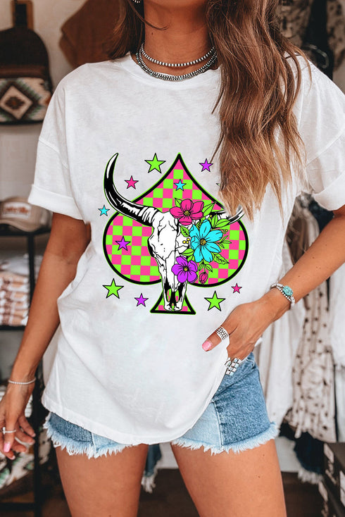 Western Steer Head Spade Print Crew Neck Graphic Tee