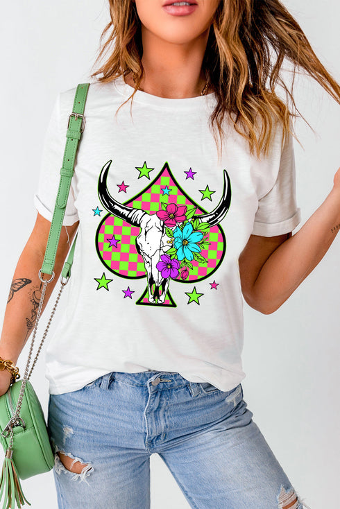Western Steer Head Spade Print Crew Neck Graphic Tee