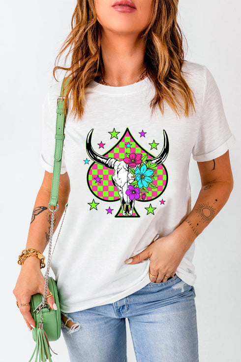 Western Steer Head Spade Print Crew Neck Graphic Tee
