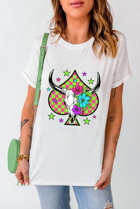 Western Steer Head Spade Print Crew Neck Graphic Tee