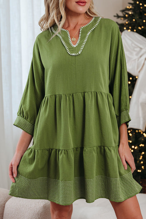 Western Stitched V Neck Tiered A Line Mini Dress