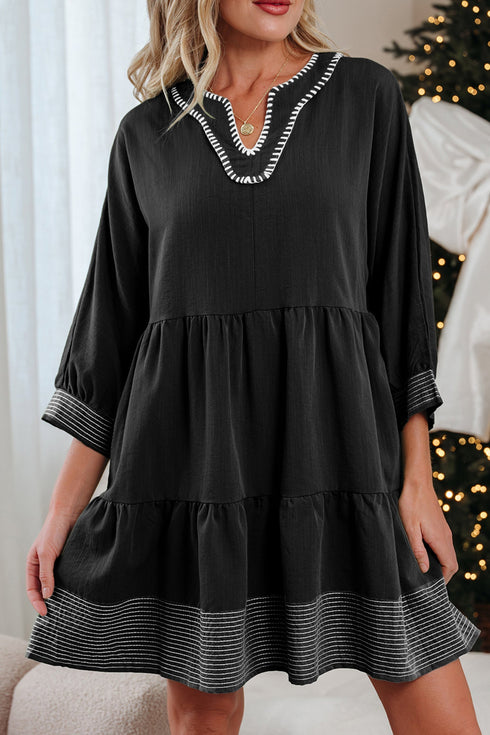 Western Stitched V Neck Tiered A Line Mini Dress