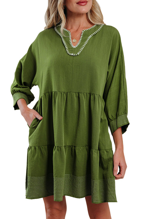 Western Stitched V Neck Tiered A Line Mini Dress