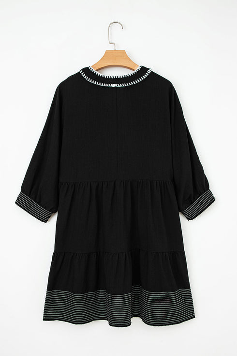 Western Stitched V Neck Tiered A Line Mini Dress