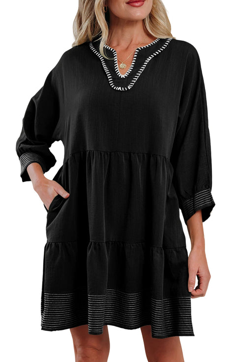 Western Stitched V Neck Tiered A Line Mini Dress