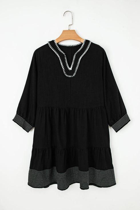 Western Stitched V Neck Tiered A Line Mini Dress