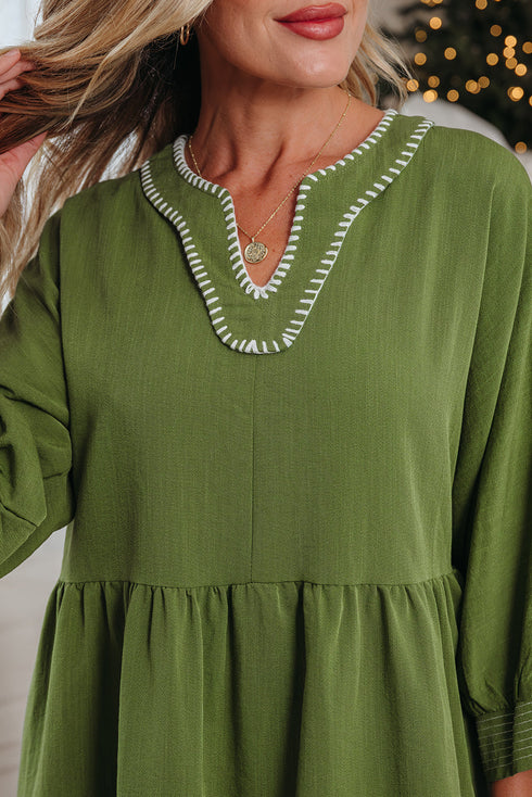 Western Stitched V Neck Tiered A Line Mini Dress