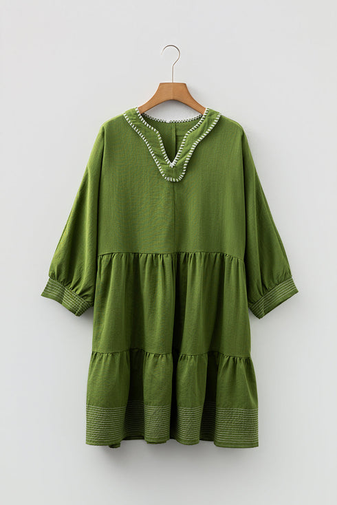 Western Stitched V Neck Tiered A Line Mini Dress